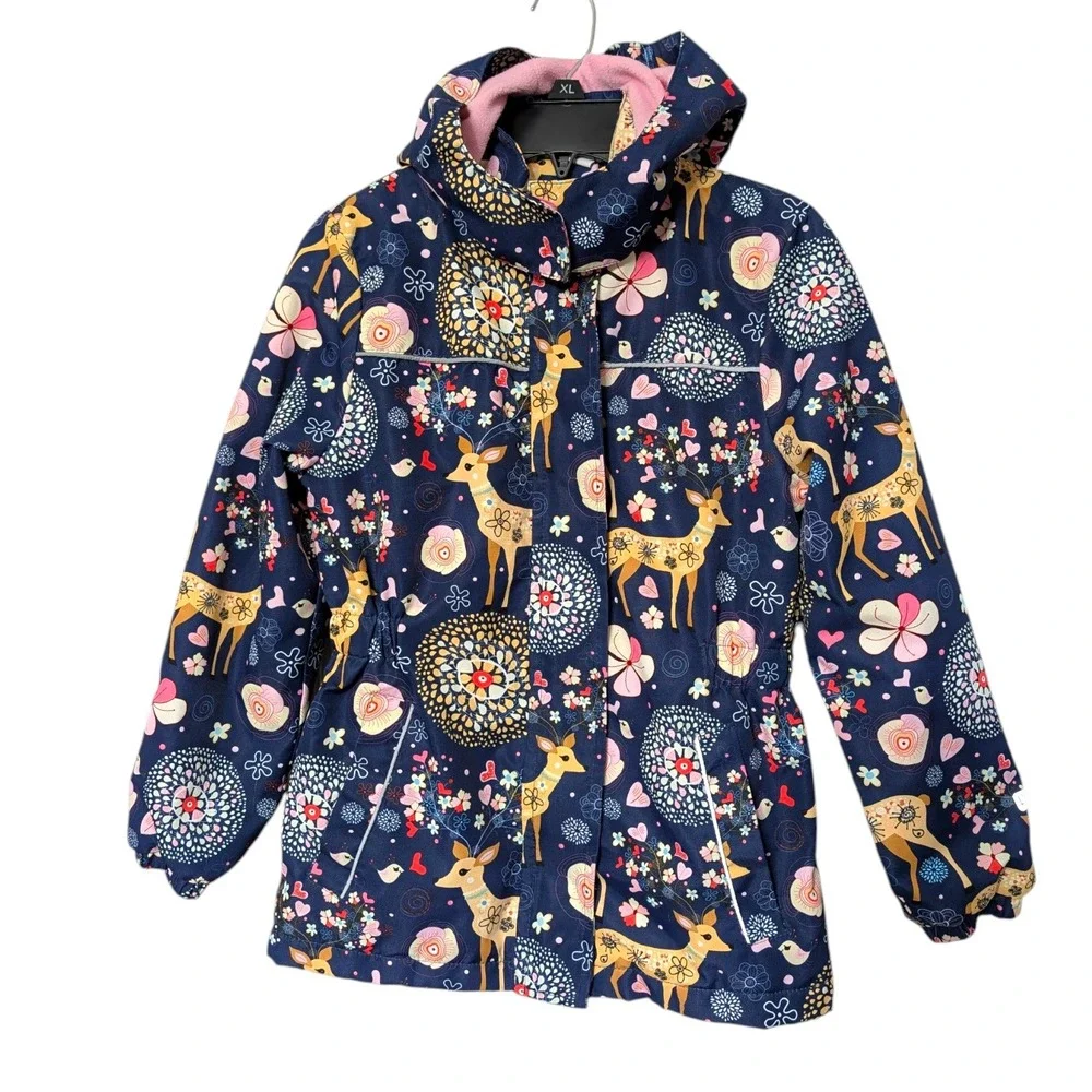 L'amour de garde Girls Navy Deer Floral Fleece Lined Hooded‎ Rain Jacket 134/140